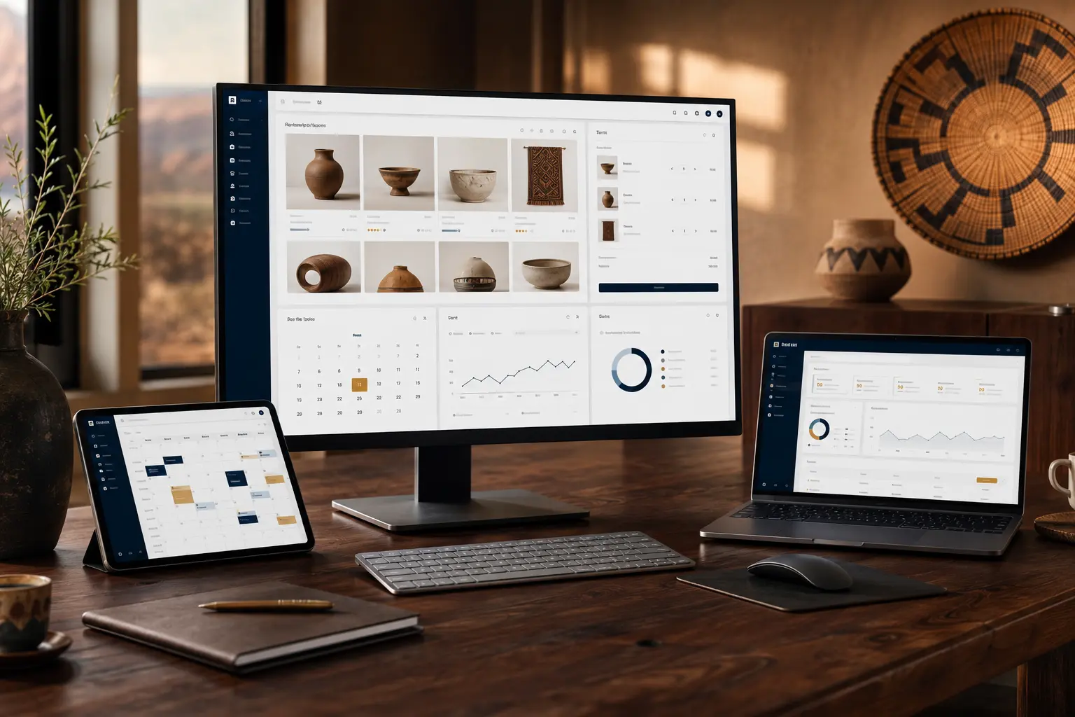 A custom ecommerce, scheduling, and reporting experience shown across devices