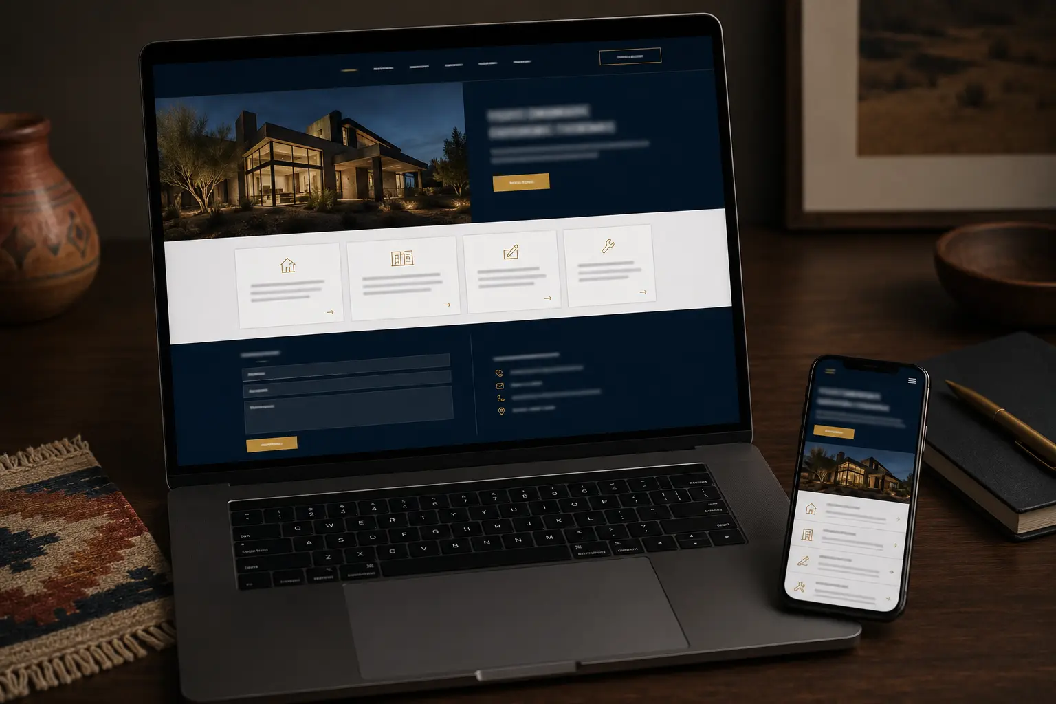 A custom multi-page service-business website shown on a laptop and phone