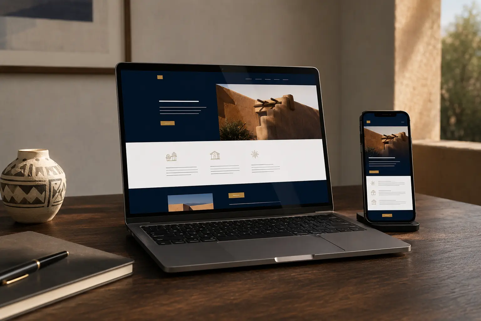 A polished one-page small-business website shown on a laptop and phone
